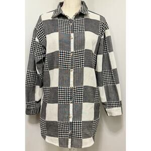 FARROW Patchwork Plaid Black White Button Up Long Sleeve Shirt Top Size S Small